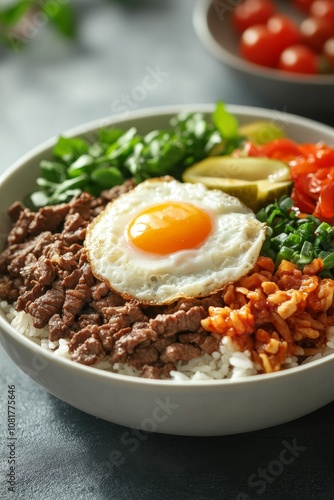 A bowl of rice with meat, egg, and vegetables.