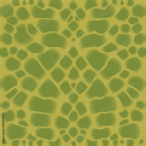 Digital spotted animal  camouflage. Seamless snake camo pattern. Halftone dots monochrome background. Skin of chameleon. Khaki green color. Abstract texture, fabric print. Vector