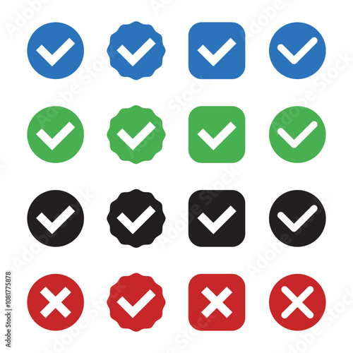 Checkmark icons blue,green,black and  red right and wrong choices on isolated white background. Check mark true and false symbol tick sign. Approved symbol.