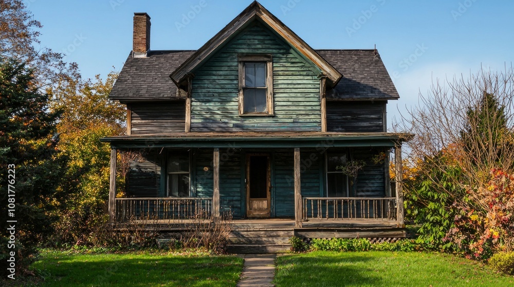 Abandoned Victorian house surrounded by overgrown landscape in autumn with clear blue sky and colorful foliage