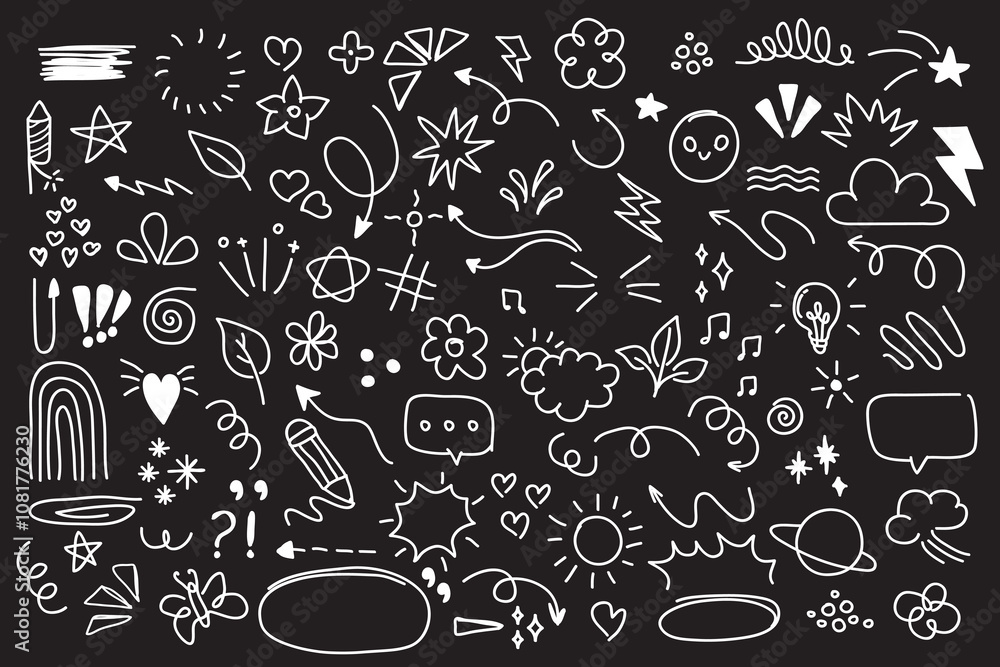Set of cute pen line doodle element isolated on black background. Hand drawn doodle style collection. Set of cute pen line doodle element isolated on black background. Hand drawn doodle style collection.
