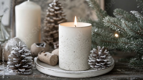 White candle with rustic Christmas decor