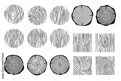 Wooden texture. Hand drawn wood tree rings. Graphics round, square elements, outline tree rings, stumps structure. Decorative nature cutting wood circle. Vector set.