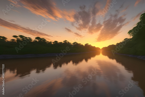Wallpaper Mural A vibrant sunset over a calm river, with a dense jungle in the background, hyper realistic, 8k resolution, cinematic lighting Torontodigital.ca