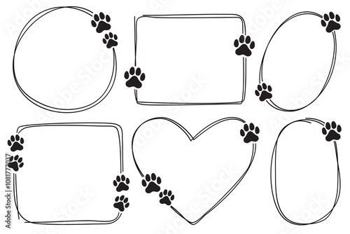 Pet footprint frame. Doodle shape frames with dog or cat paws. Hand drawn outline circle, heart, square boarder with cute animal steps