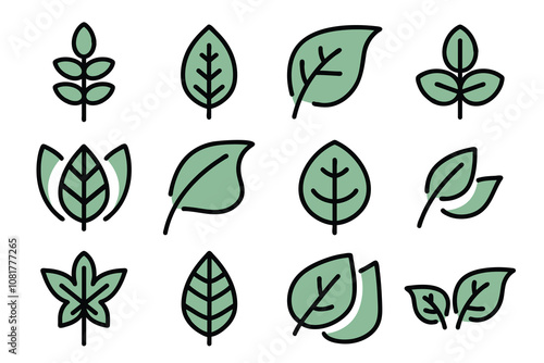 Leaves and branch filled outline icons set.Vector illustration