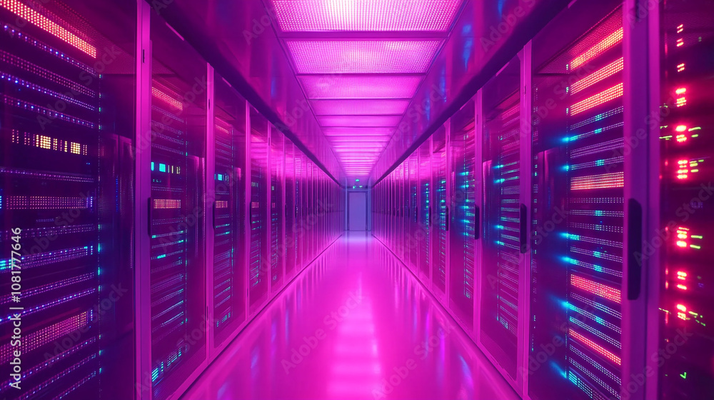 Inside a vibrant data center corridor filled with colorful server racks during nighttime Inside a vibrant data center corridor filled with colorful server racks during nighttime