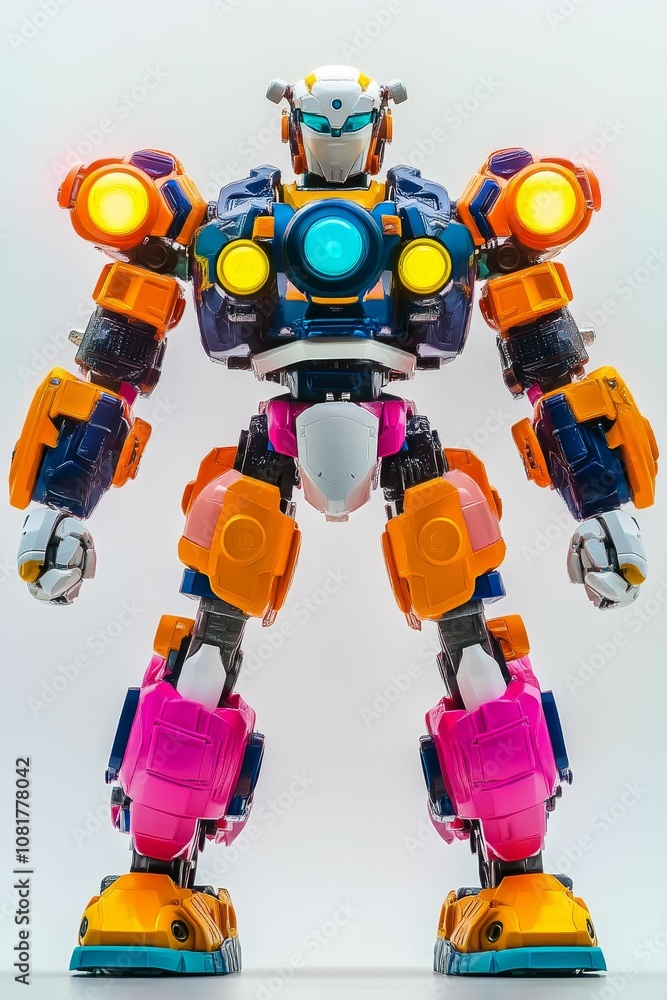 Colorful robot stands on white background. Colorful robot stands on white background.