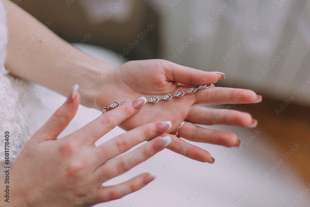 A woman is holding a necklace in her hands. The necklace is silver and has a diamond pendant. The woman is wearing a white dress and has her nails painted. Concept of elegance and sophistication A woman is holding a necklace in her hands. The necklace is silver and has a diamond pendant. The woman is wearing a white dress and has her nails painted. Concept of elegance and sophistication