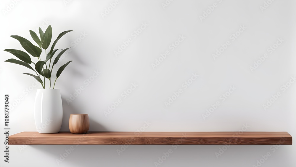 A minimalist wooden shelf with a white vase and a wooden cup against a white wall. A minimalist wooden shelf with a white vase and a wooden cup against a white wall.