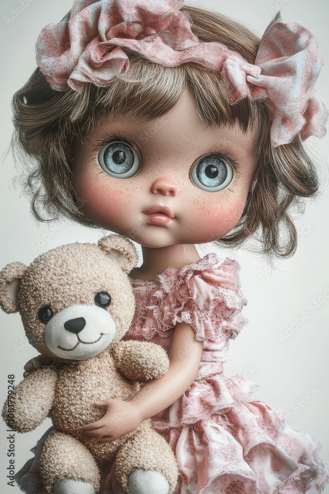 Doll in pink dress holding teddy bear. Doll in pink dress holding teddy bear.
