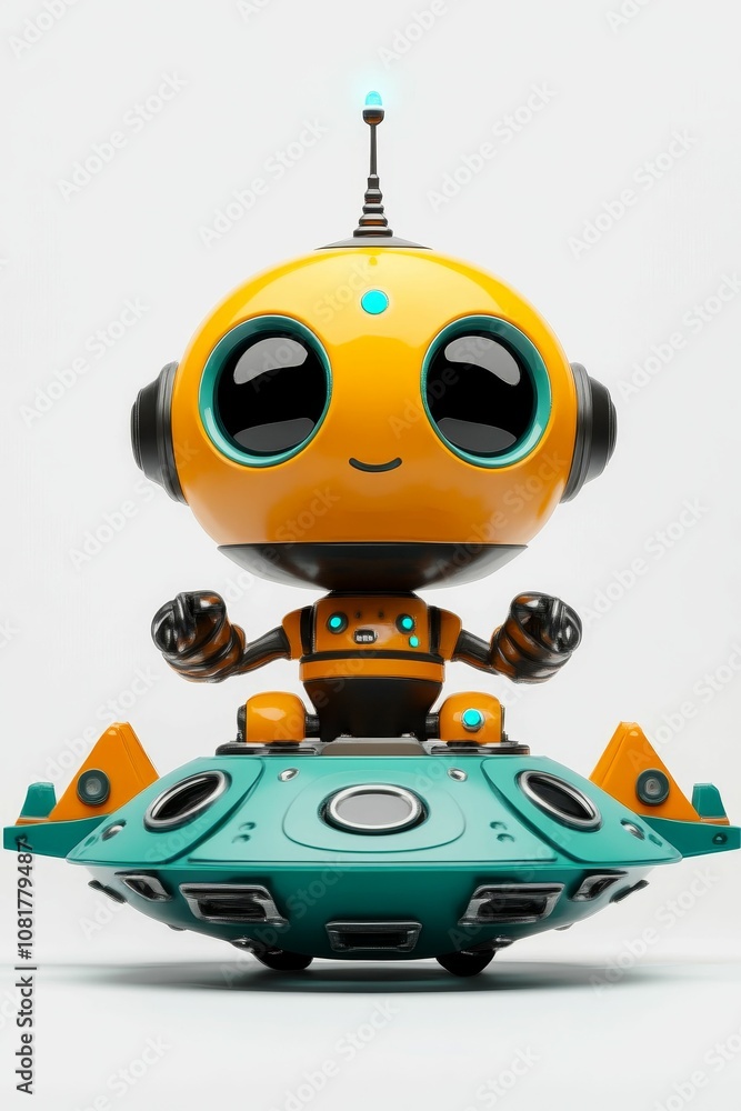 Smiling robot piloting a green spaceship. Smiling robot piloting a green spaceship.