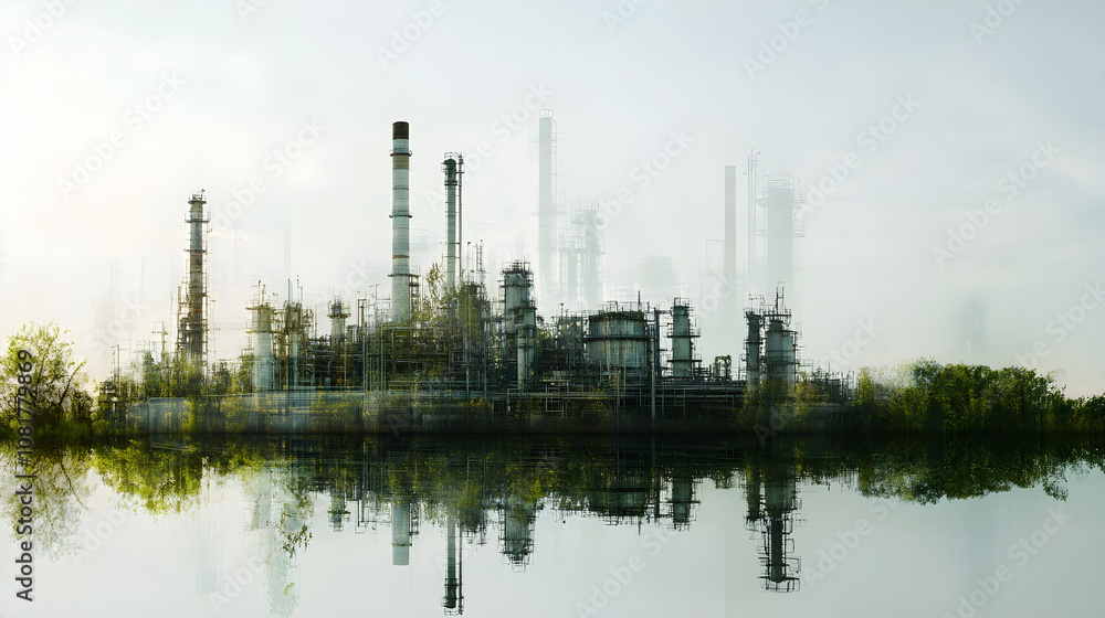 Fototapeta premium double image of industrial factory releasing smoke and forest