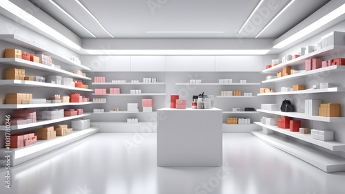 Wallpaper Mural Minimalist white retail store interior with shelves stocked with products. Torontodigital.ca