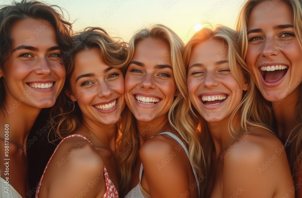 Group of cheerful women enjoying a sunset on the beach, capturing a joyful moment during a summer evening gathering Group of cheerful women enjoying a sunset on the beach, capturing a joyful moment during a summer evening gathering