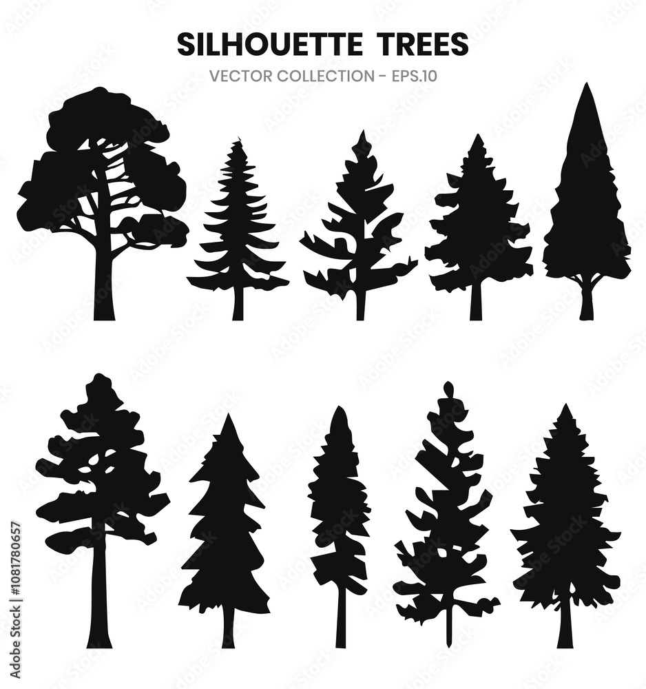 Fototapeta premium Silhouette trees on wildlife collection on white background
