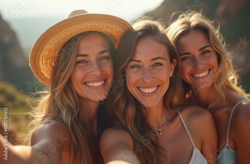 Three friends enjoying a sunny day outdoors in a picturesque landscape with smiles and laughter