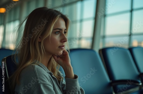 A young woman waiting quietly at the airport, lost in thought beside large windows letting in warm light during the afternoon photo