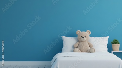 A childrens bedroom with a cozy bed against a blue wall