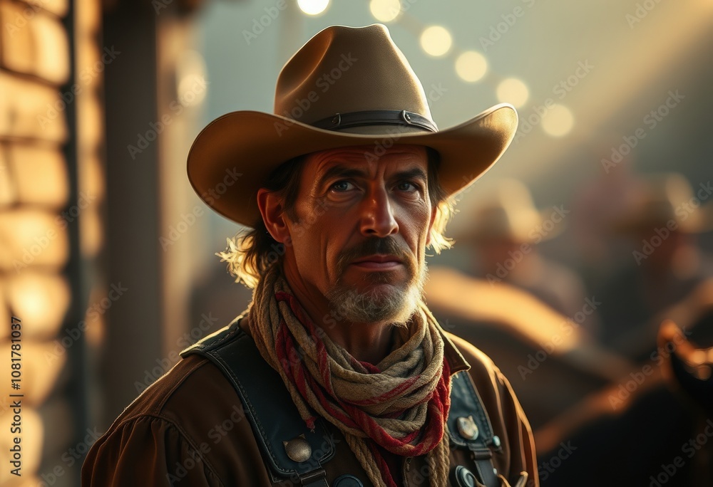 A rugged cowboy stands confidently in a sunlit western town during the golden hour, showcasing the spirit of the frontier days A rugged cowboy stands confidently in a sunlit western town during the golden hour, showcasing the spirit of the frontier days