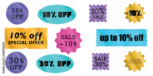 Sale tag displaying "10% off" with options for discounts up to "30%," in a ticket design style