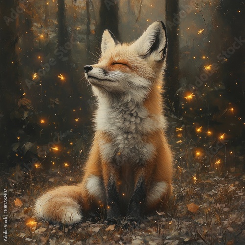 A red fox sitting in a forest with fireflies in the air.