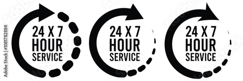 24 hours clock icon. Work time symbol. Delivery signs. Service symbols. Support, business icons. Shop open. Black, blue color. Vector sign.