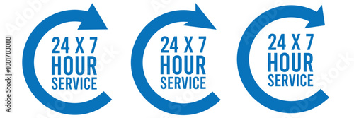 24 hours clock icon. Work time symbol. Delivery signs. Service symbols. Support, business icons. Shop open. Black, blue color. Vector sign.