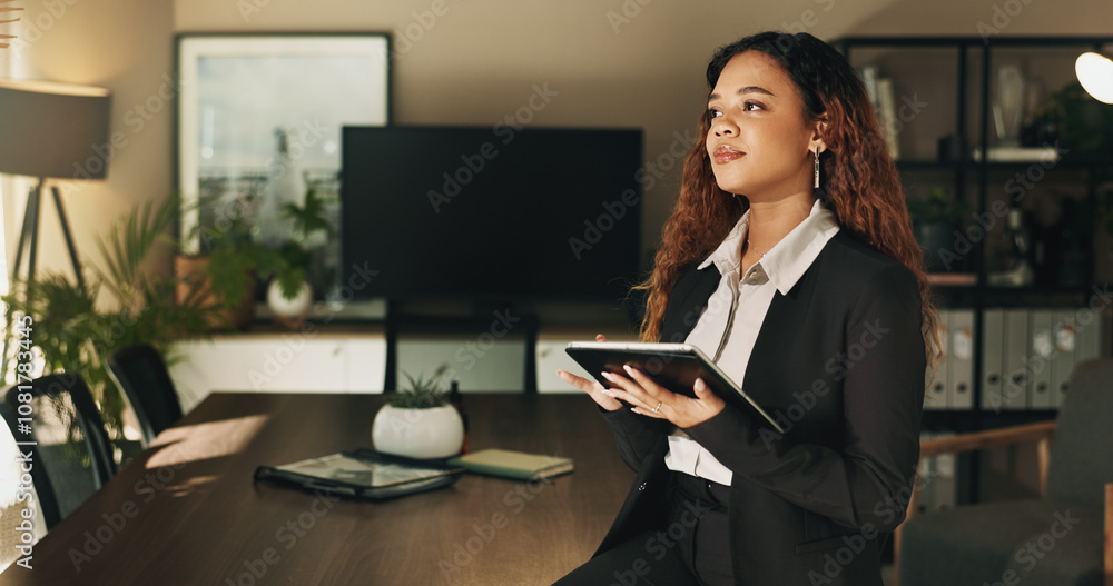Business woman, tablet and thinking with schedule for company vision, planning or research at office. Female person, financial advisor or accountant with technology in wonder for corporate venture Business woman, tablet and thinking with schedule for company vision, planning or research at office. Female person, financial advisor or accountant with technology in wonder for corporate venture