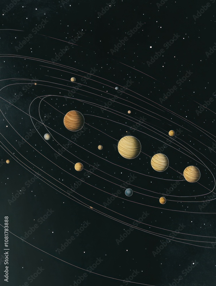 Fototapeta premium Illustration of the solar system with planets and their orbits against a starry backdrop.
