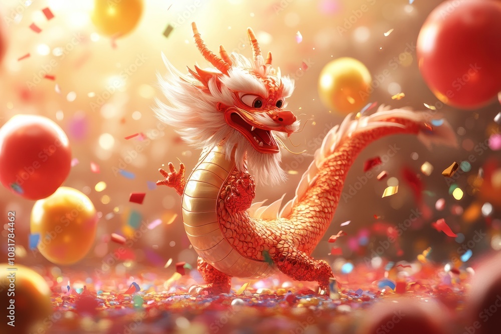 A cartoon dragon with a friendly expression, standing among red and gold balloons and confetti. A cartoon dragon with a friendly expression, standing among red and gold balloons and confetti.