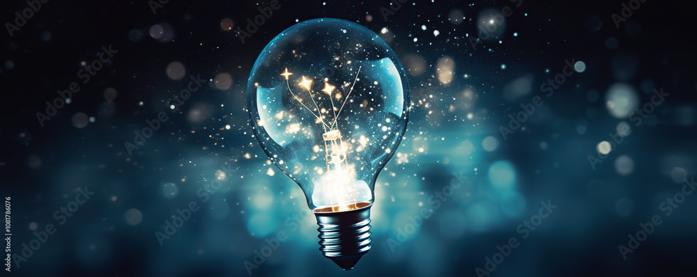 A glowing light bulb illuminating sparkling dust particles against a dark background in a creative studio setup