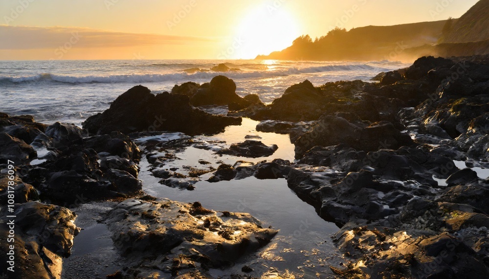 Obraz premium Rocky Beach With Jagged Black Rocks and Shimmering Tide Pools Reflecting the Colors of the Setting Sun, With Waves Gently Crashing on the Shore in the Distance