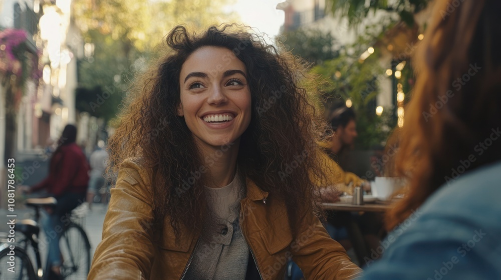 Smiling woman with curly hair, looking to her right, during an outdoor conversation. Smiling woman with curly hair, looking to her right, during an outdoor conversation.