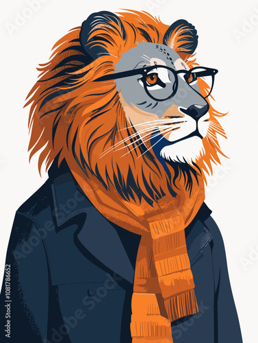 Lion in a coat, scarf and glasses. Vector illustration