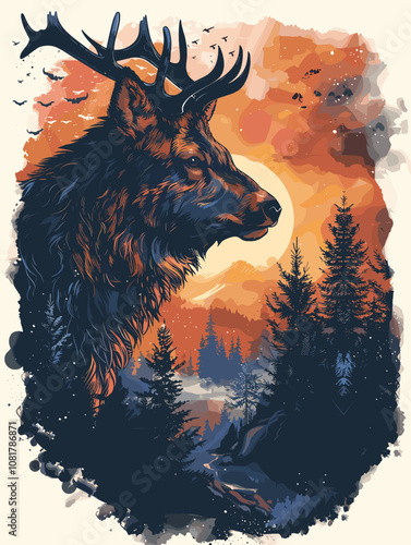 Vector illustration of a moose on a background of the night forest photo