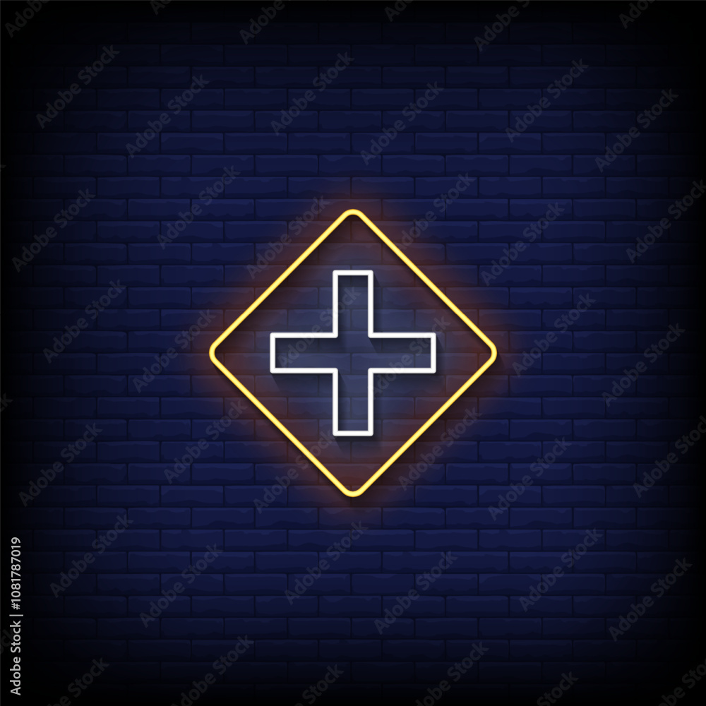Obraz premium icon road sign neon style vector with brick wall background
