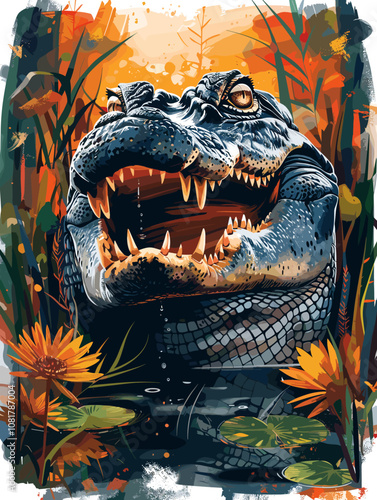 Crocodile in the jungle. Colorful vector illustration