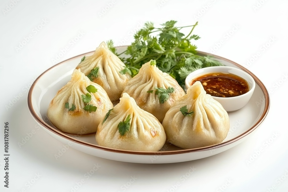 Steamed dumplings with sauce and garnish. Steamed dumplings with sauce and garnish.