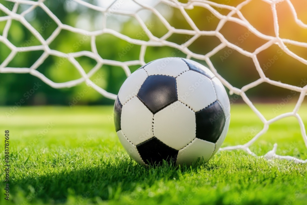 Fototapeta premium A soccer ball resting on a green field with a goal net in the background. The sun shines through the net, casting a soft glow.