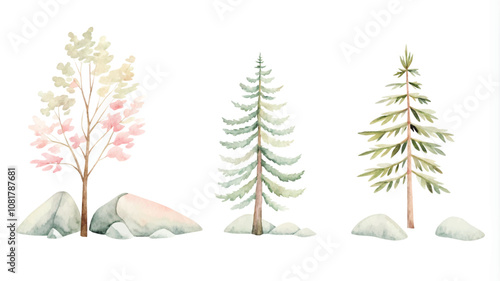 Watercolor trees set. Watercolor hand drawn illustration isolated on white background.