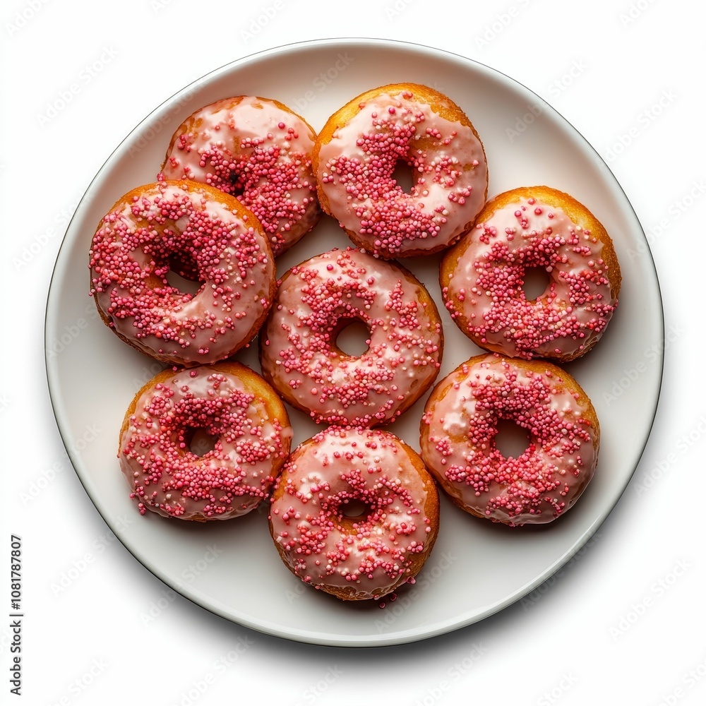 Seven pink frosted donuts with sprinkles. Seven pink frosted donuts with sprinkles.