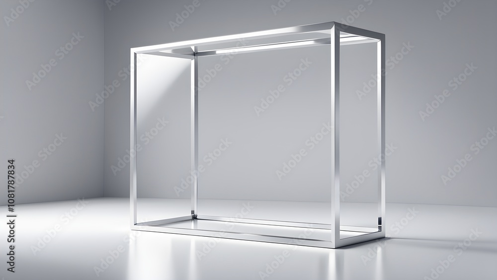 A silver metal frame, standing on a white surface, against a white background. A silver metal frame, standing on a white surface, against a white background.