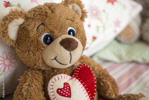 Adorable Macro Photography of a Love Teddy Bear Drawing Surrounded by Soft Textures and Gentle Colors, Capturing the Essence of Affection and Warmth in a Whimsical Setting