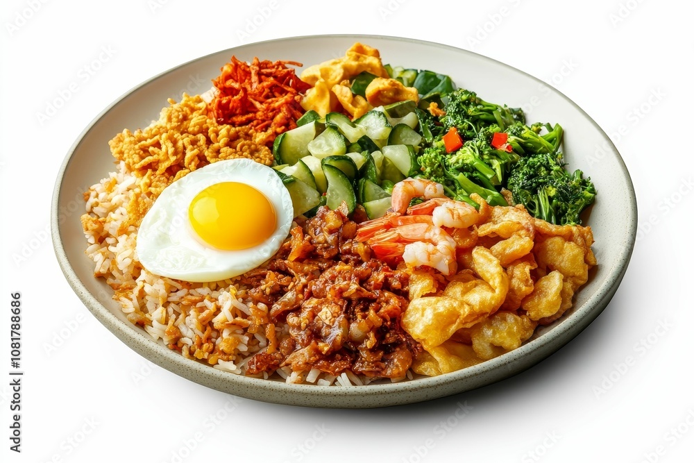 Fried rice, egg, shrimp, and vegetables. Fried rice, egg, shrimp, and vegetables.