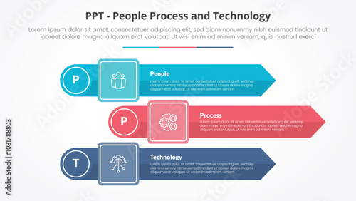 PPT framework infographic concept for slide presentation with rectangle arrow stack with circle edge with 3 point list with flat style