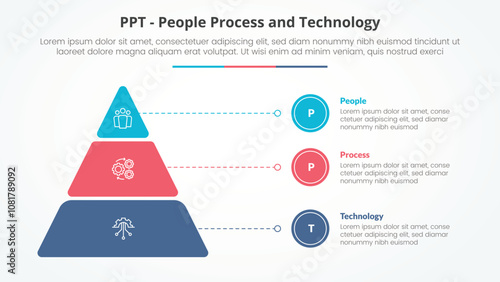 PPT framework infographic concept for slide presentation with round pyramid and line pointer with 3 point list with flat style