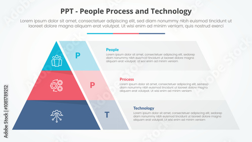 PPT framework infographic concept for slide presentation with pyramid shape and transparent container box with 3 point list with flat style