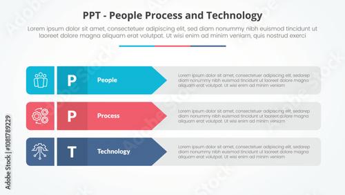 PPT framework infographic concept for slide presentation with rectangle arrow stack with 3 point list with flat style