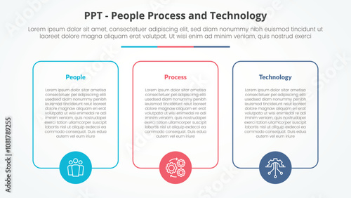 PPT framework infographic concept for slide presentation with big box outline with circle on bottom with 3 point list with flat style